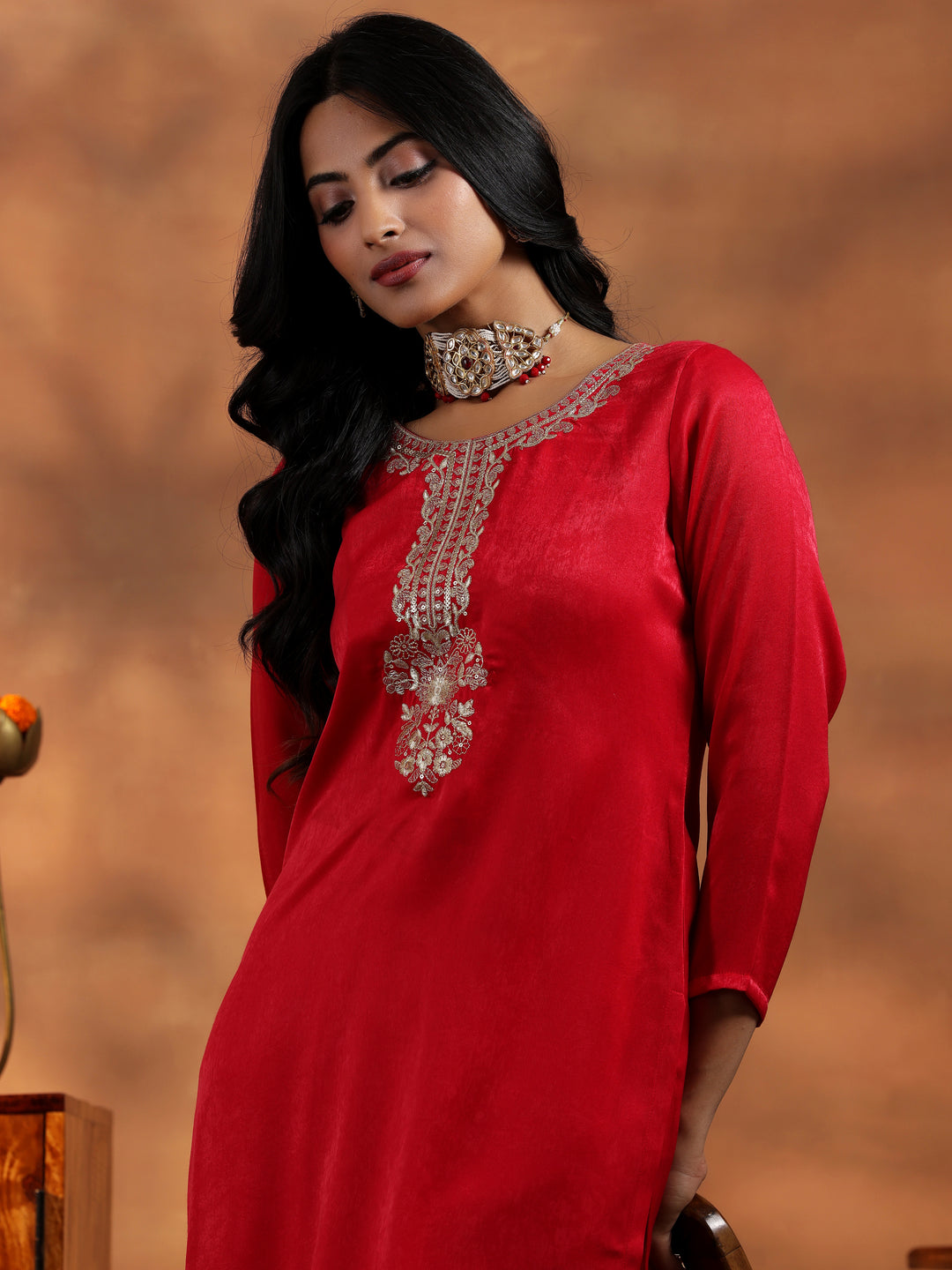 Red Embroidered Velvet Co-Ords