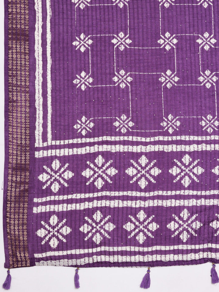 Lavender Printed Silk Blend Saree With Unstitched Blouse Piece - Libas