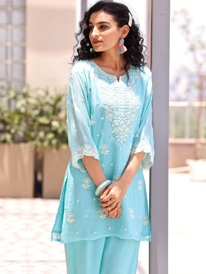 Turquoise Embroidered Silk Blend Co-Ords