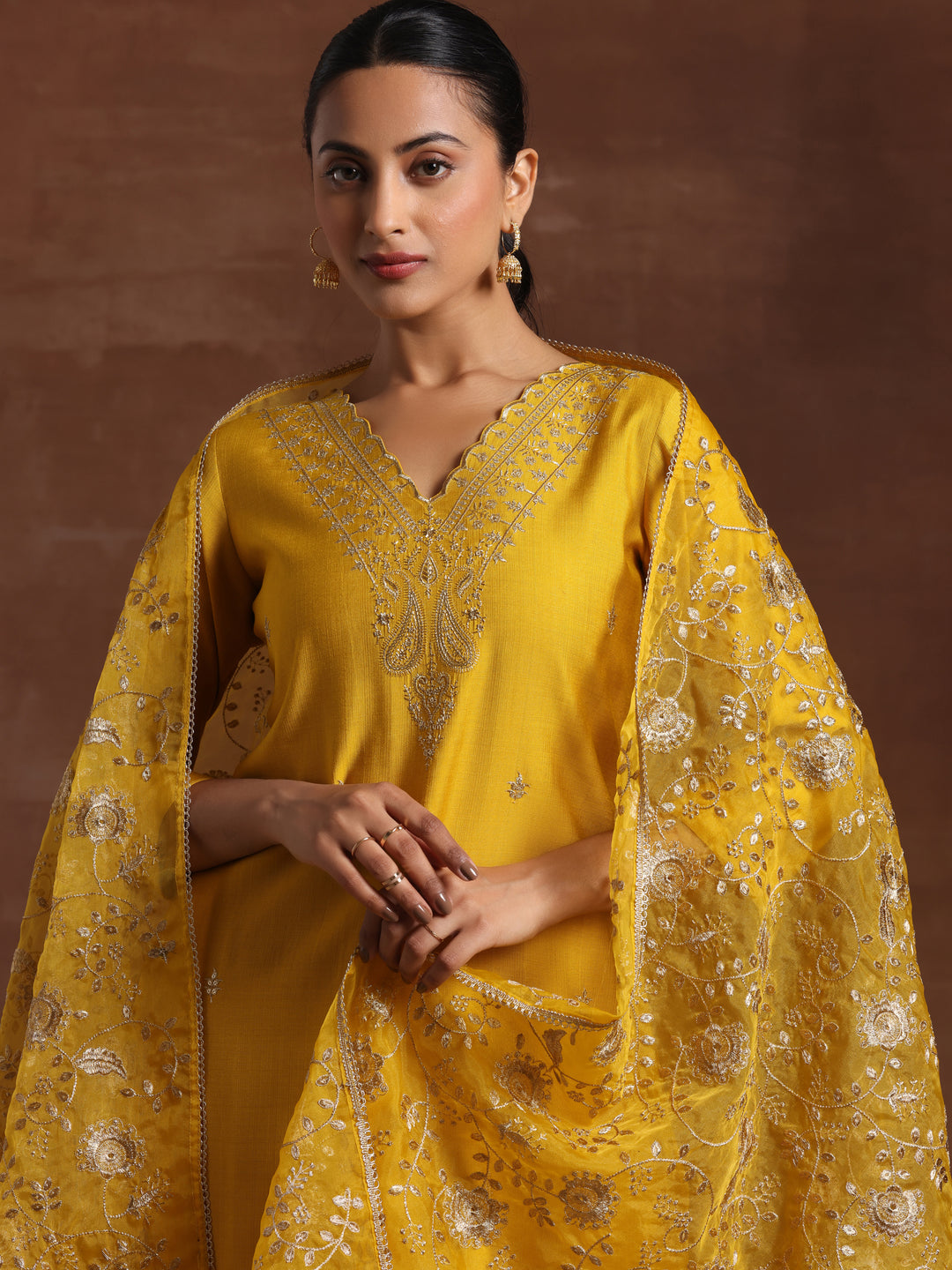 Mustard Embroidered Silk Blend  Straight Suit Set With Dupatta