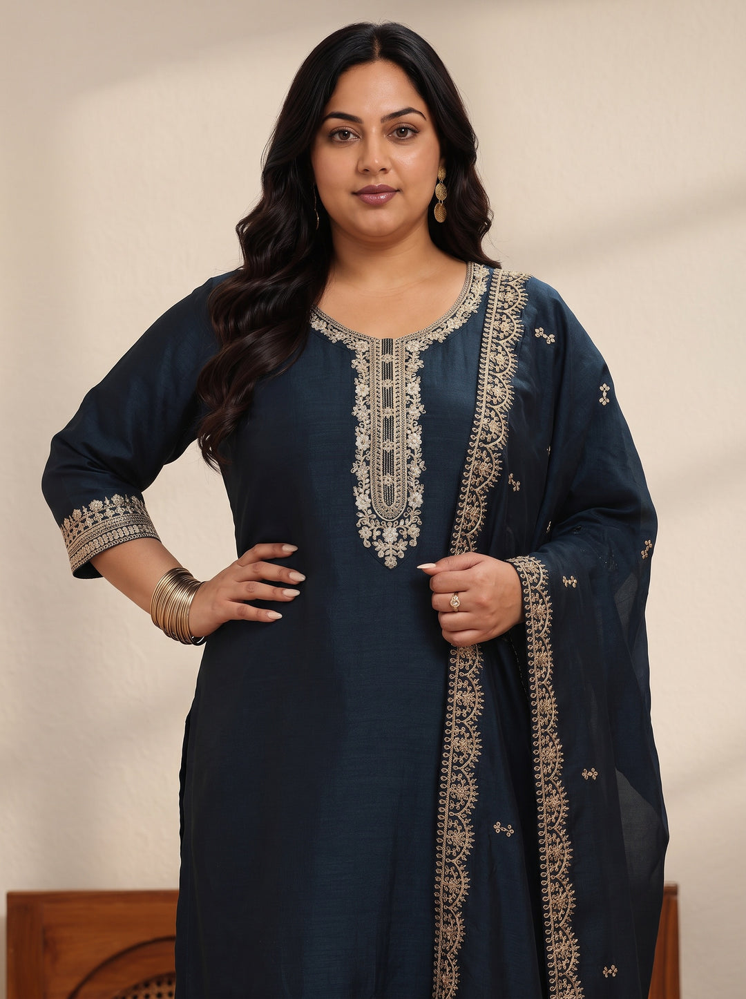 Plus Size Navy Blue Yoke Deisgn Silk Blend Straight Suit Set