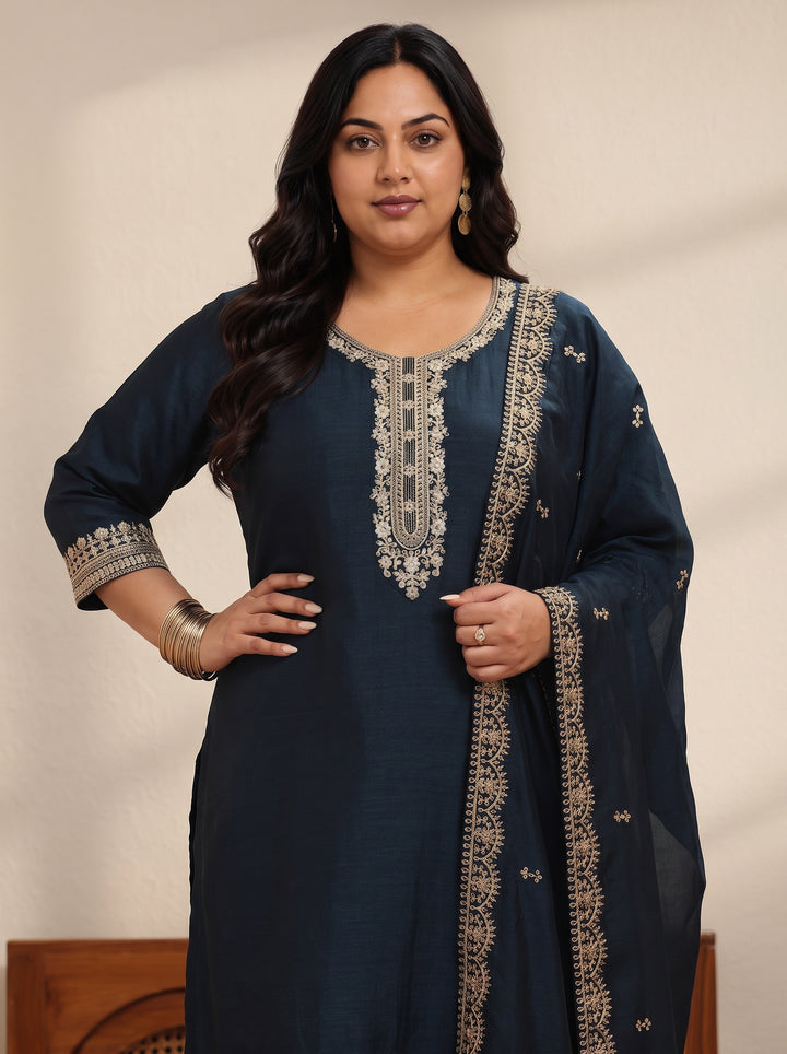 Plus Size Navy Blue Yoke Deisgn Silk Blend Straight Suit Set