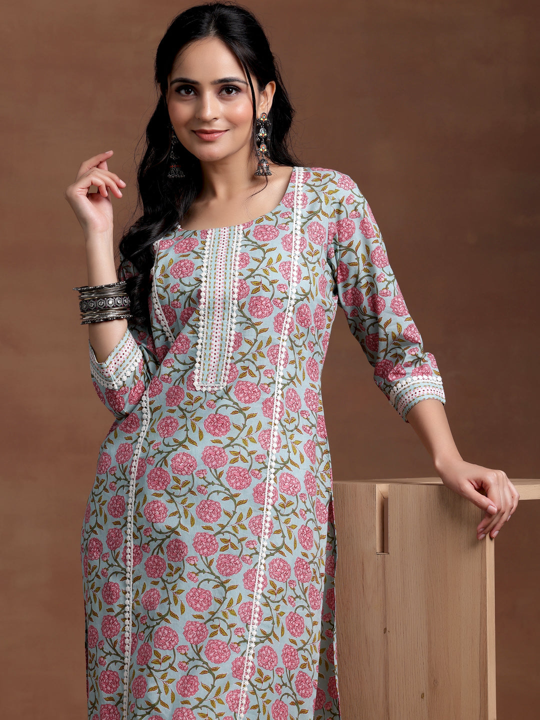 Blue Printed Cotton Straight Kurta