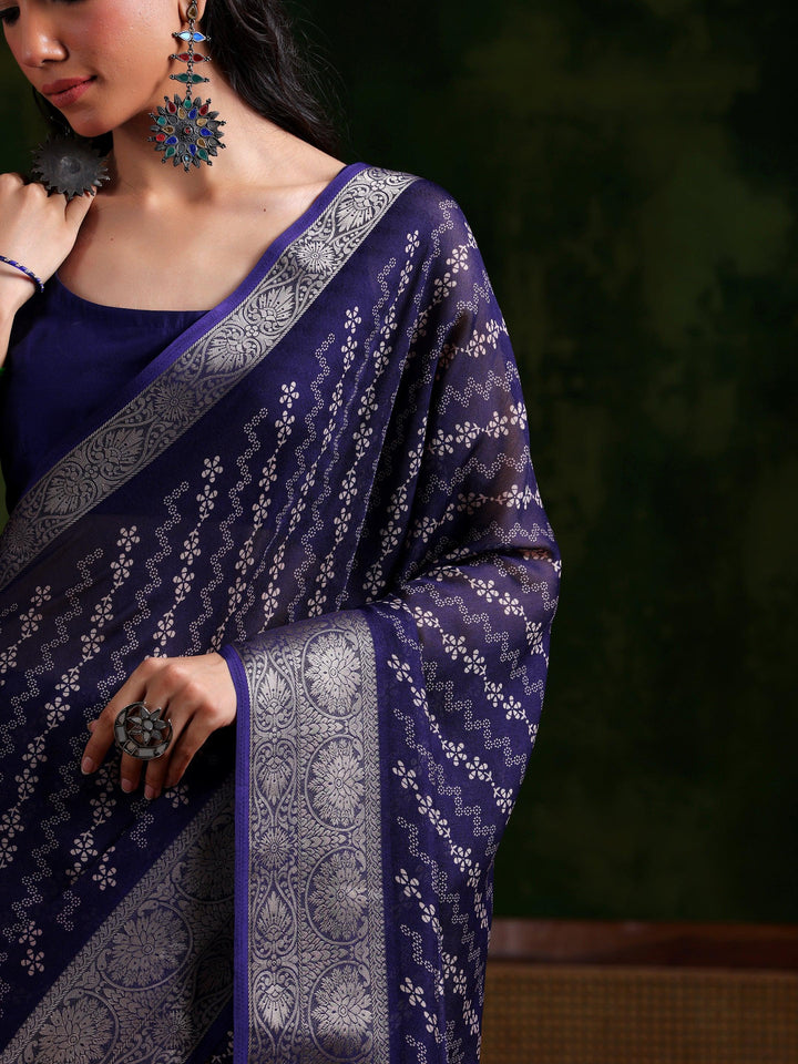 Purple Printed Silk Blend Saree With Unstitched Blouse Piece - Libas