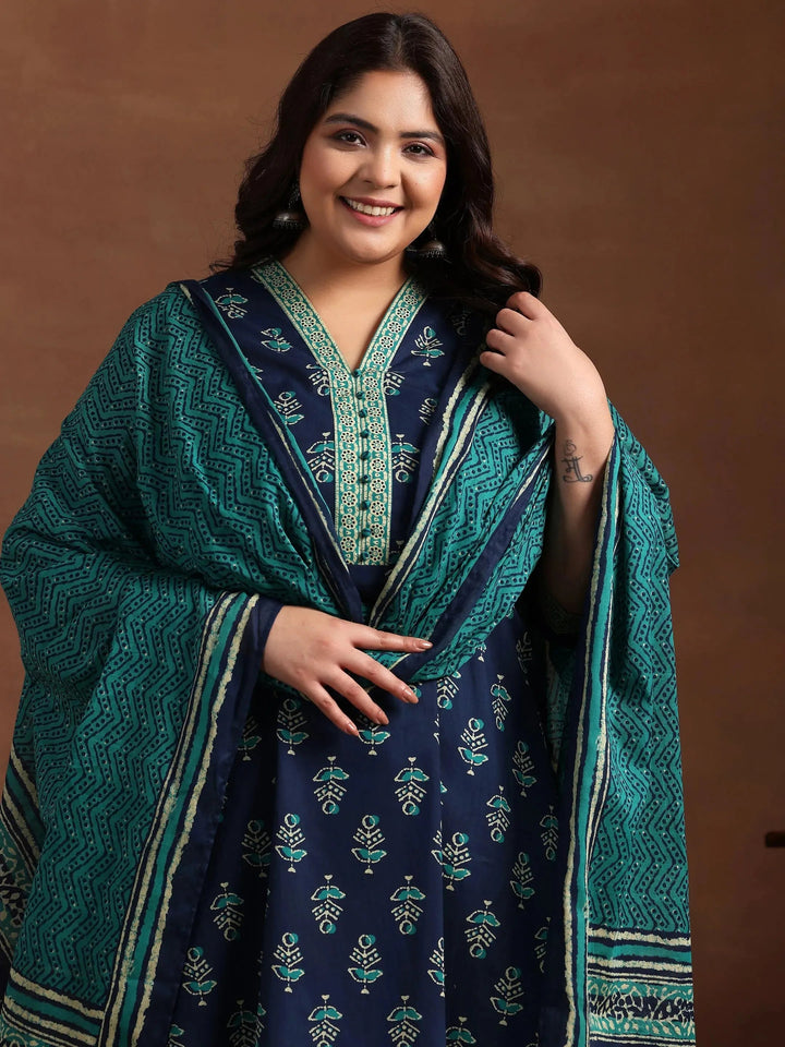 Plus Size Blue Printed Cotton Straight Suit With Dupatta