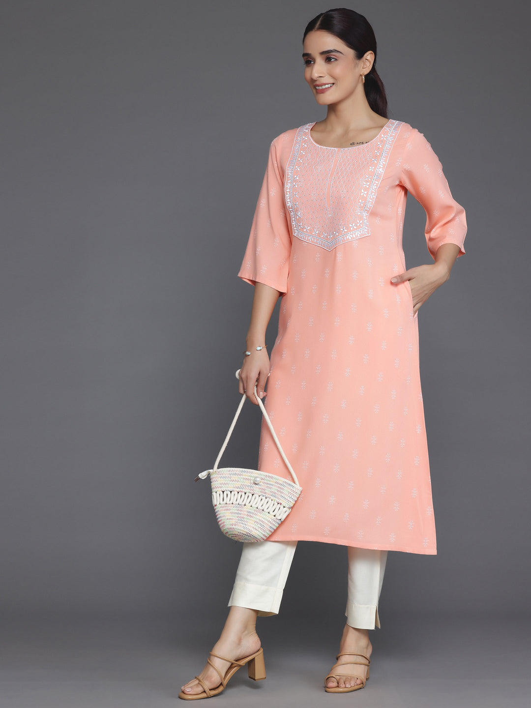 Peach Woven Design Rayon Straight Kurta