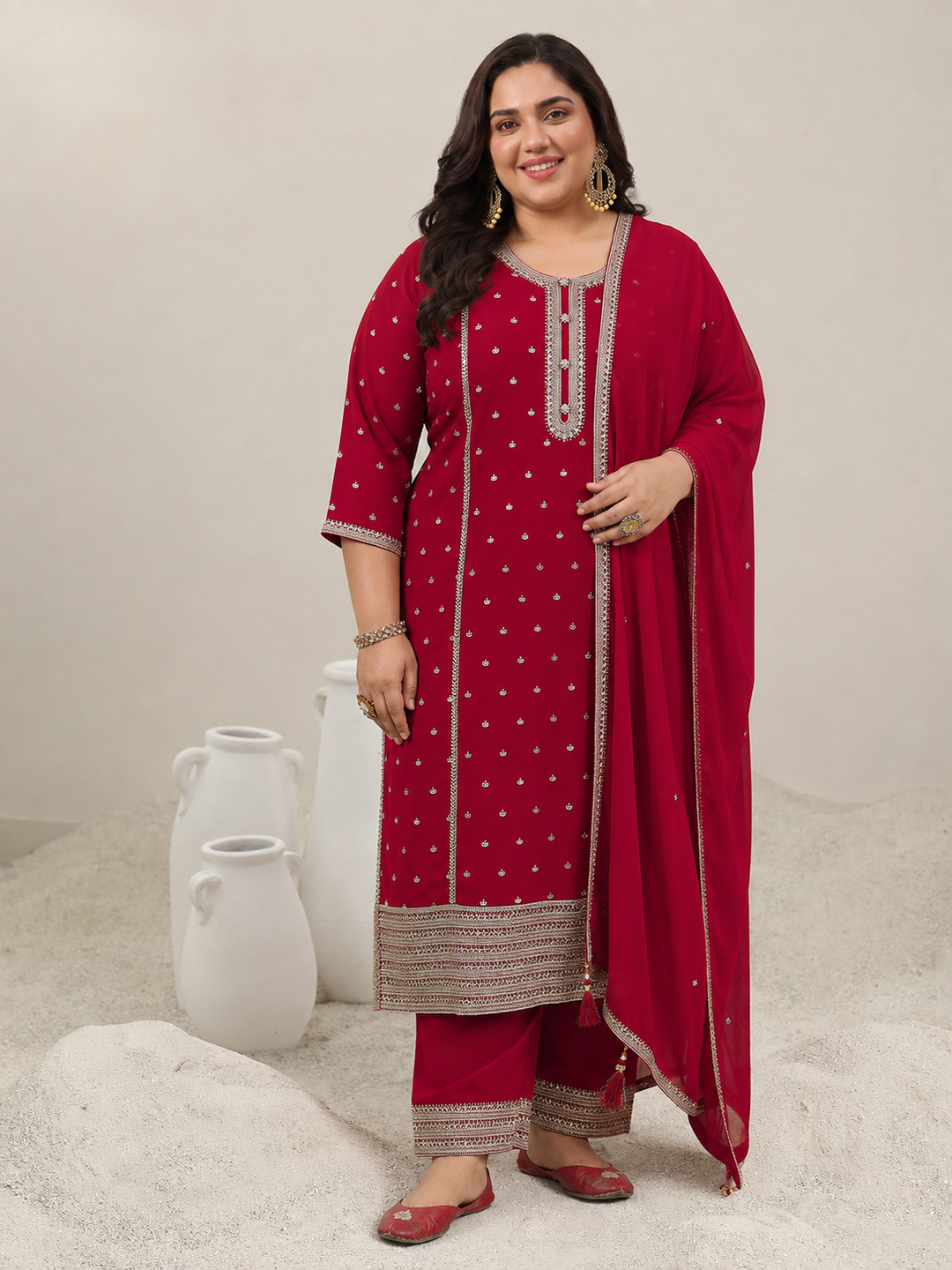 Plus Size Red Embroidered Georgette Straight Suit Set