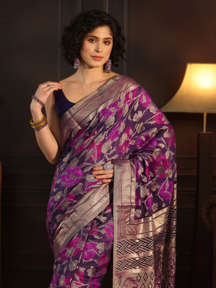Libas Purple Floral Woven Design Silk Blend Saree