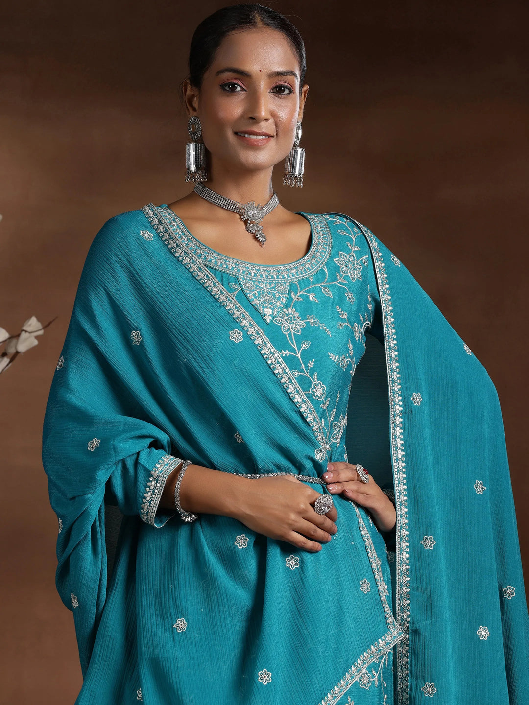 Rama Blue Embroidered Silk Blend Straight Suit With Dupatta