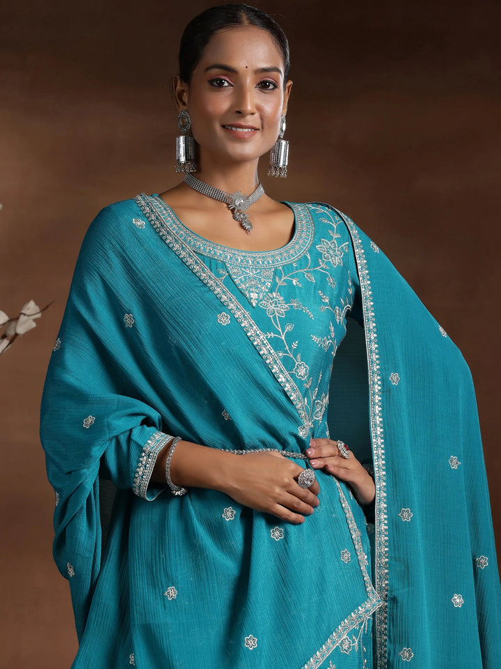 Rama Blue Embroidered Silk Blend Straight Suit With Dupatta