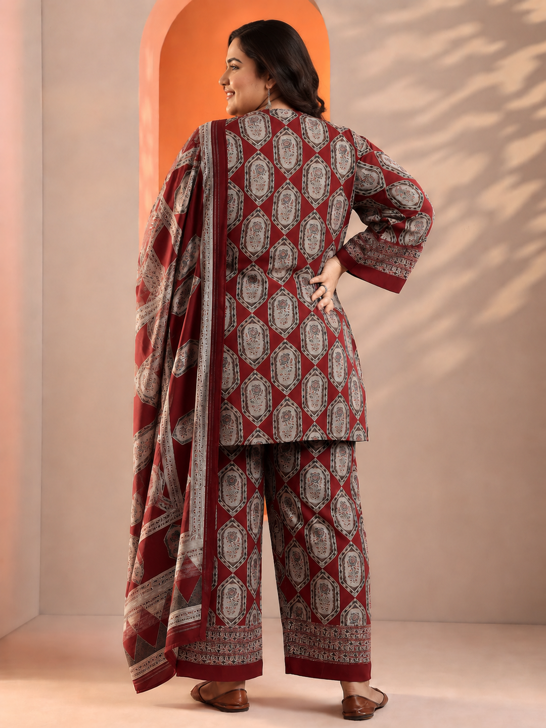 Plus Size Red Printed Silk Blend Straight Suit Set