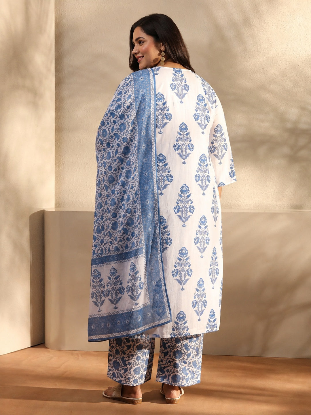 Plus Size Blue Floral Printed Cotton Blend Anarkali Suit Set