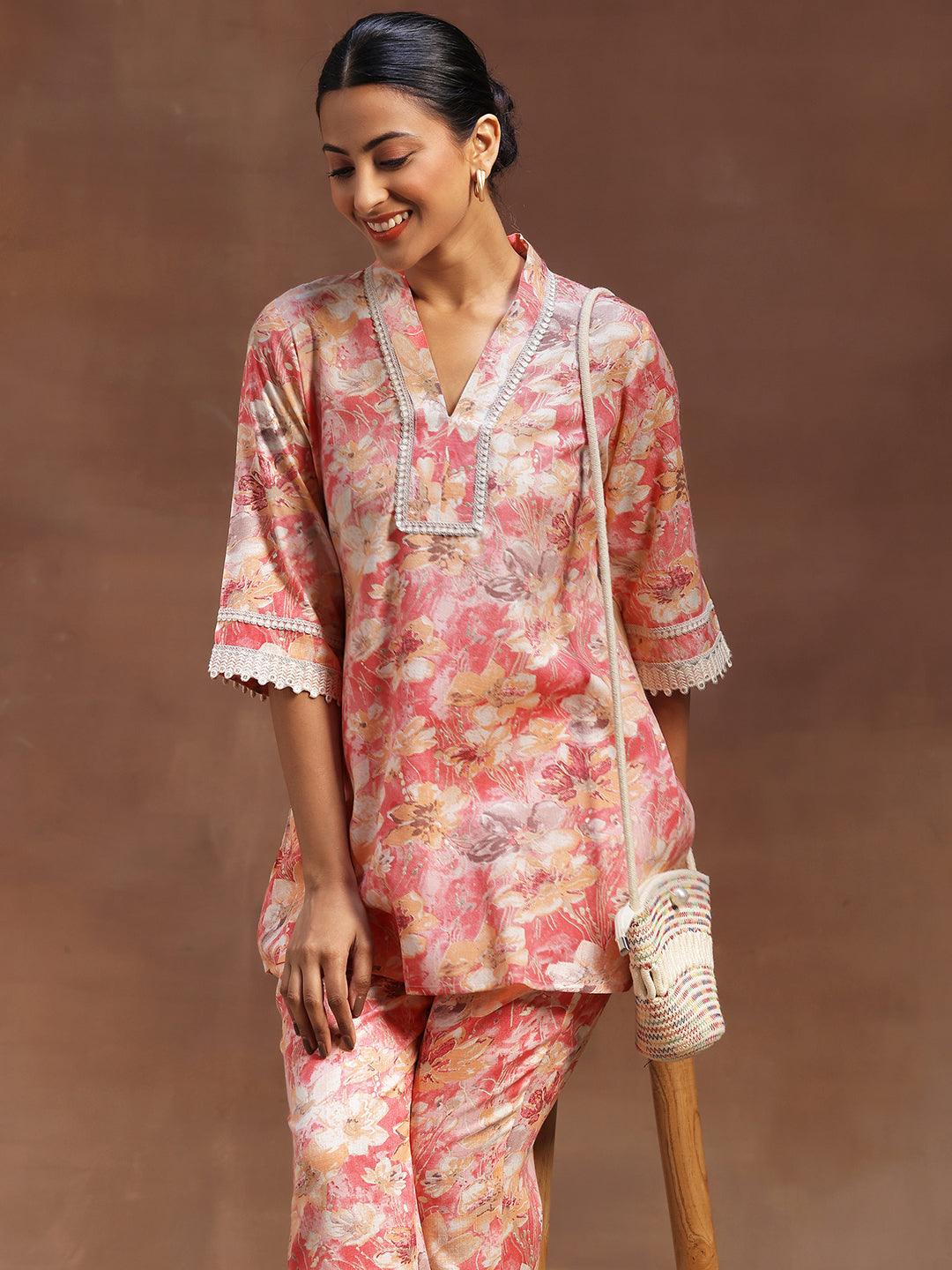 Peach Printed Cotton Blend Co-Ords