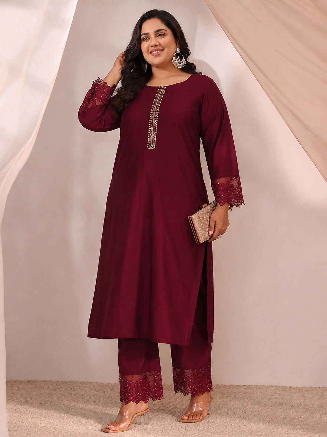 Plus Size Maroon Solid Silk Blend Straight Suit Set