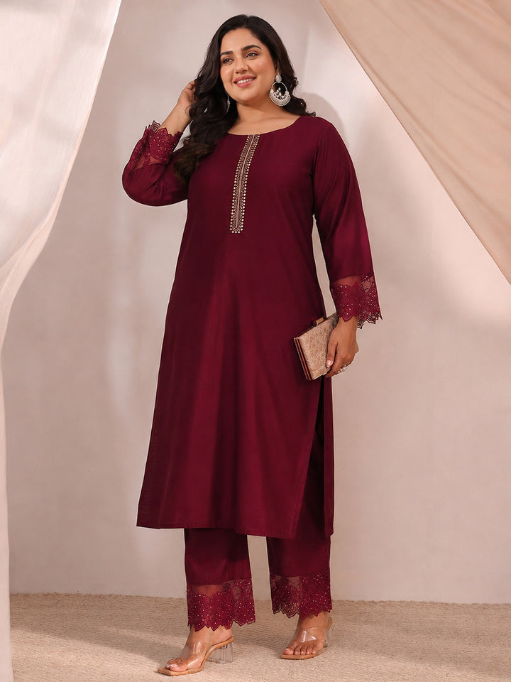 Plus Size Maroon Solid Silk Blend Straight Suit Set
