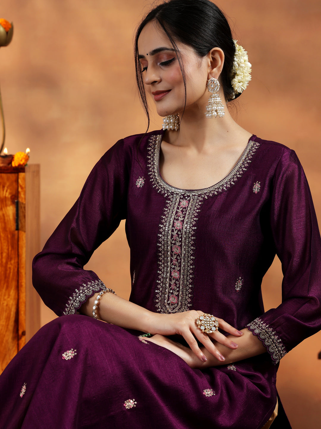 Burgundy Embroidered Silk Straight Kurta