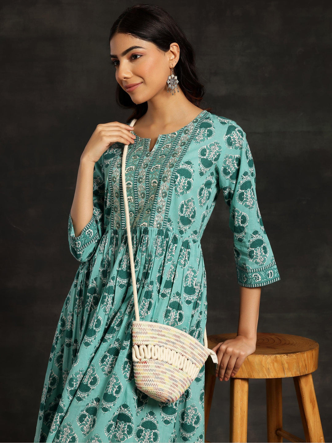 Sea Green Printed Cotton Fit and Flare Dress - ShopLibas