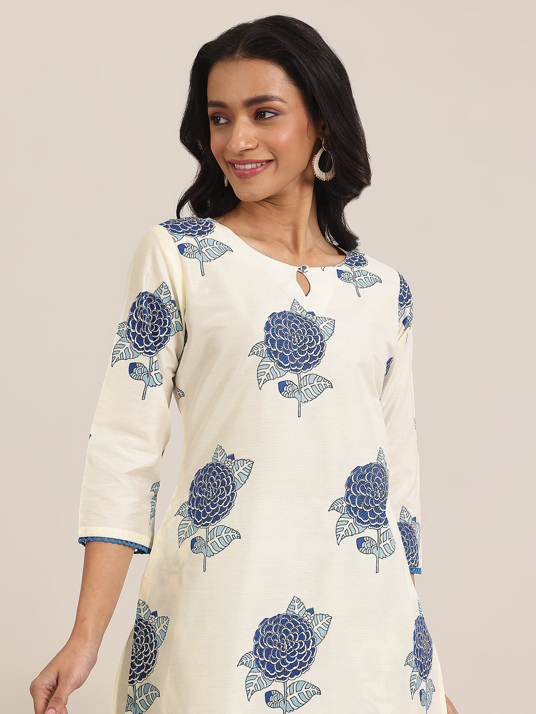 Off White Printed Chanderi Silk Straight Suit With Dupatta
