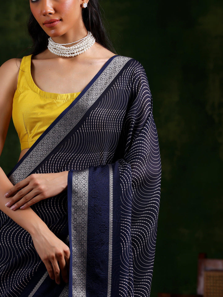 Blue Printed Silk Blend Saree With Unstitched Blouse Piece - Libas