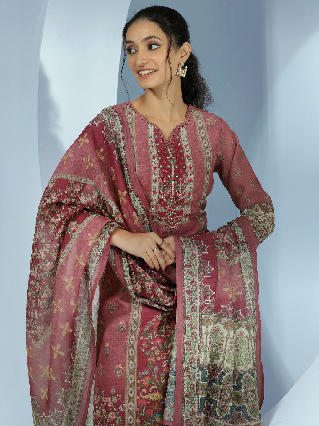Mauve Printed Cotton Blend Straight Suit With Dupatta
