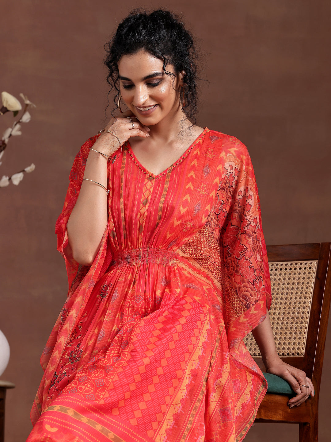Orange Printed Chiffon 3 Piece Co-Ords