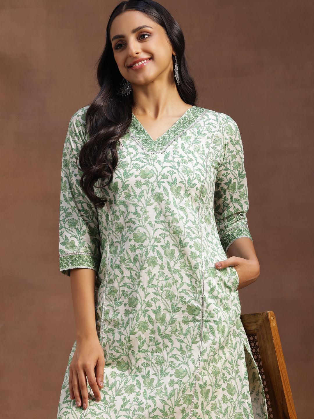 Green Printed Cotton Straight Kurta