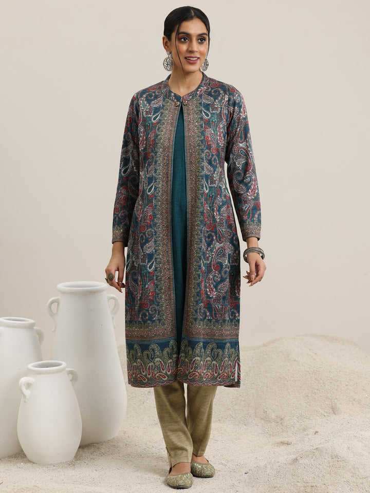 Blue Printed Wool Straight Kurta