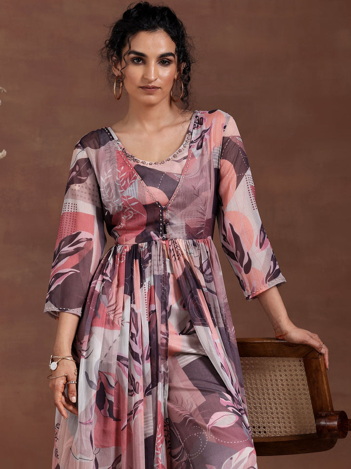 Grey Printed Chiffon 3 Piece Co-Ords