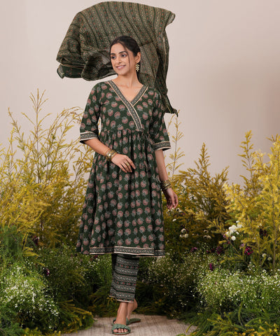 Green Printed Cotton Anarkali Kurta With Trousers & Dupatta - ShopLibas