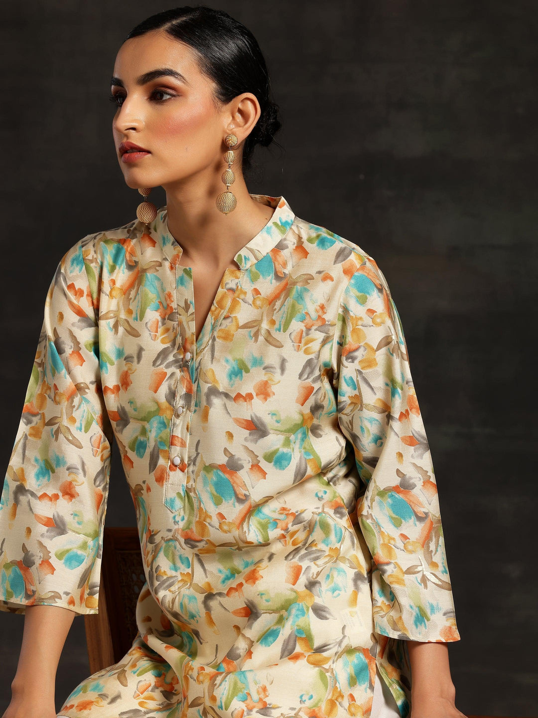 Beige Printed Silk Blend Straight Kurtis - ShopLibas