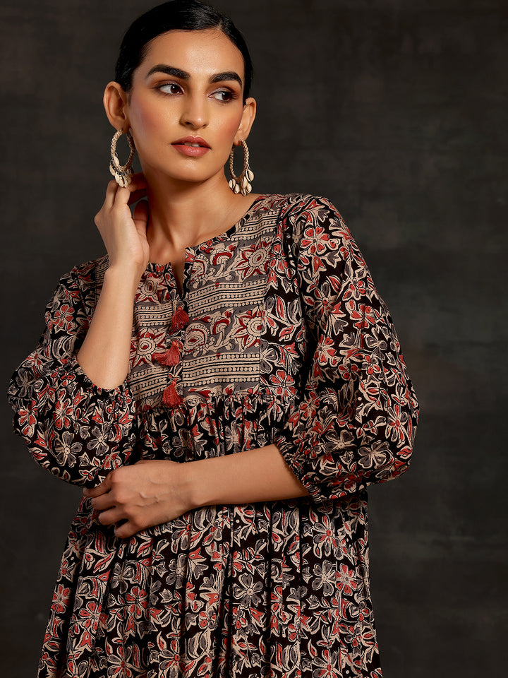 Black Printed Cotton A-Line Dress