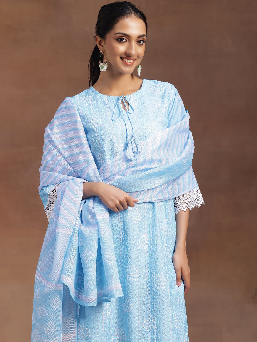 Blue Embroidered Cotton Blend Straight Suit With Dupatta