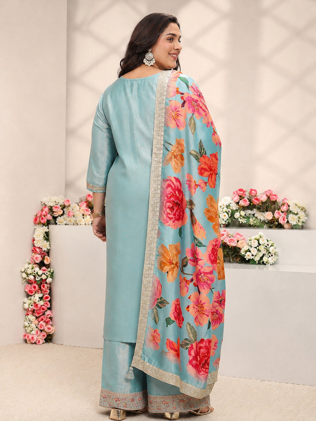Plus Size Blue Yoke Design Silk Blend Straight Suit Set