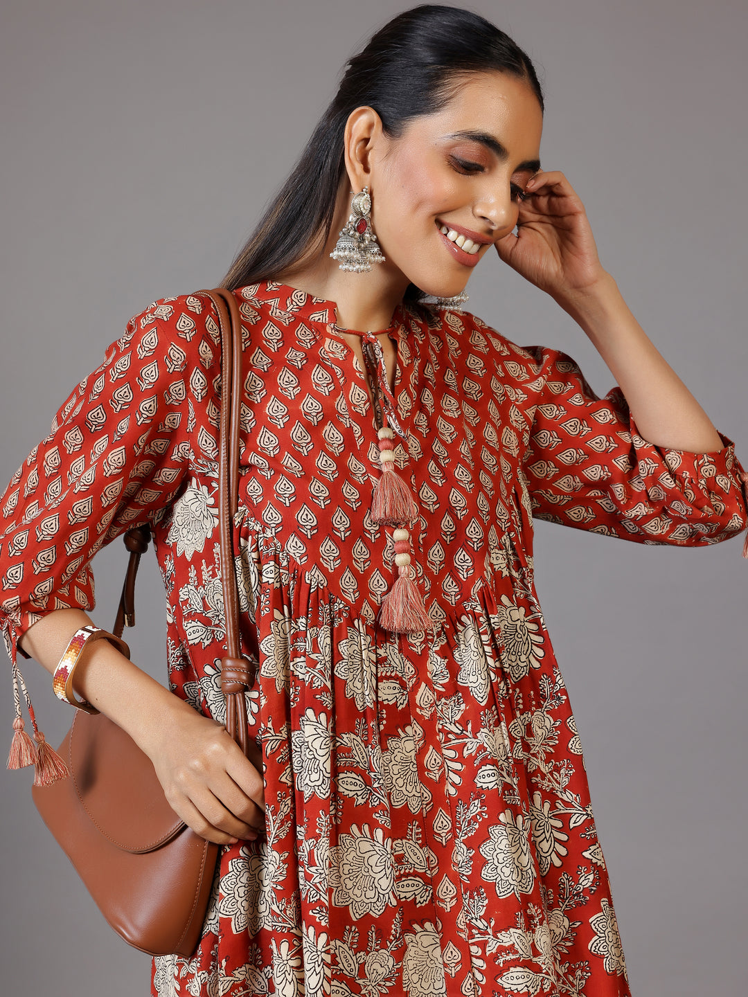 Rust Printed Cotton A-Line Kurti