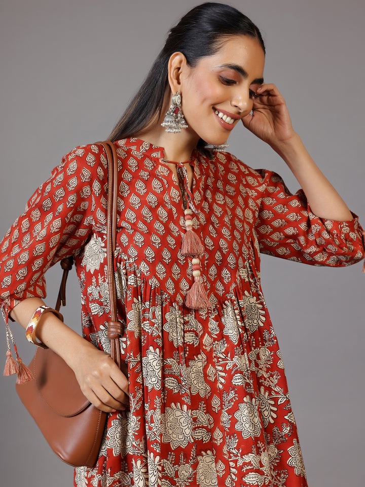 Rust Printed Cotton A-Line Kurti