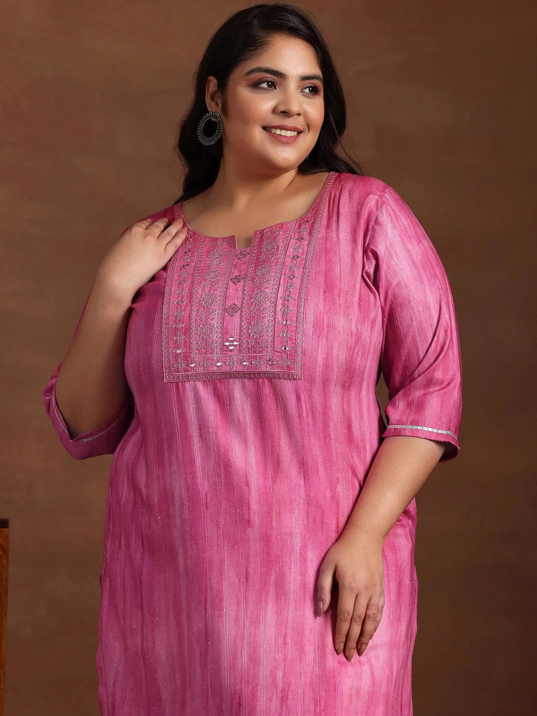 Plus Size Pink Yoke Design Cotton Straight Kurta