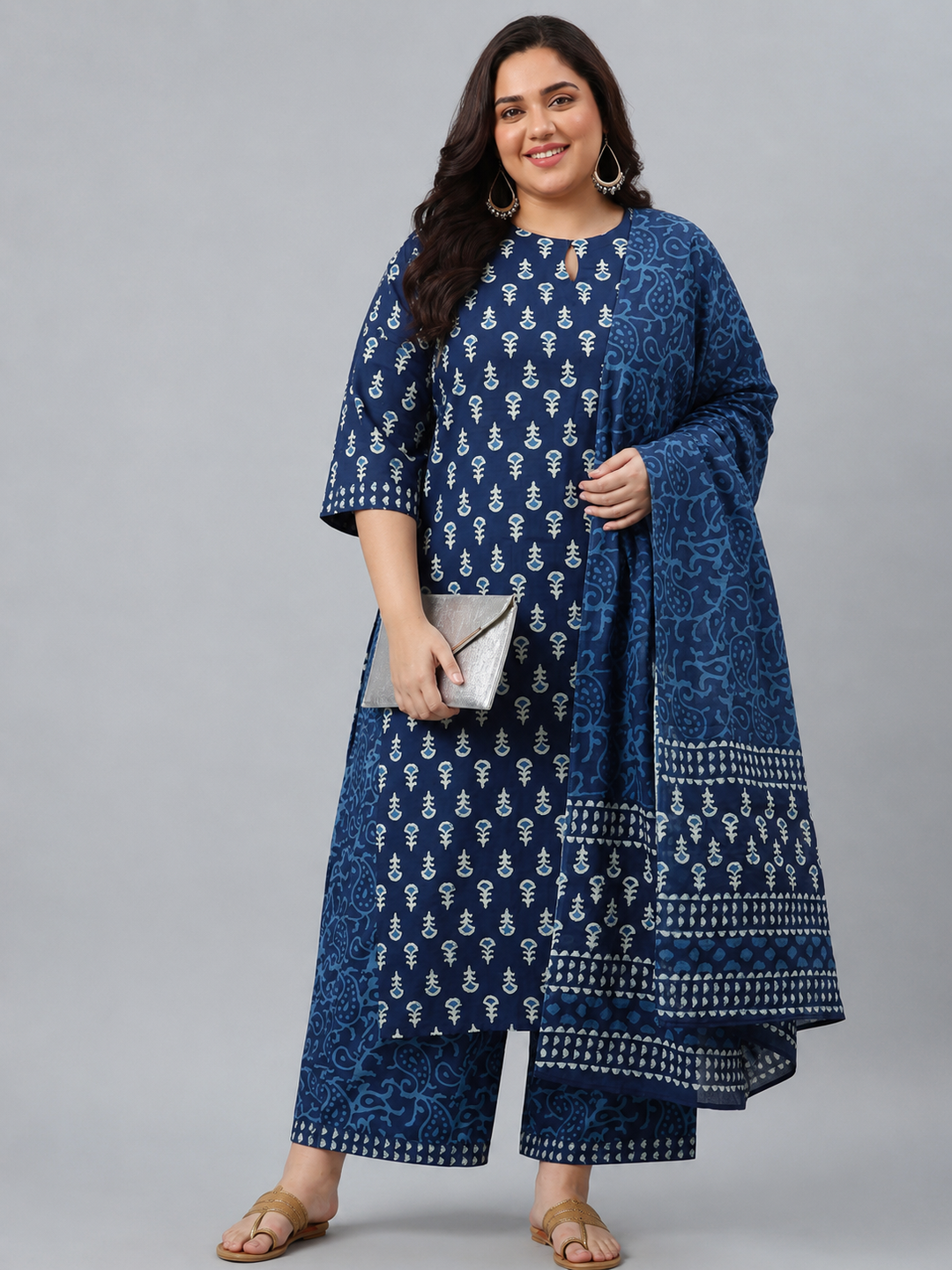 Plus Size Blue Floral Printed Cotton Straight Suit Set