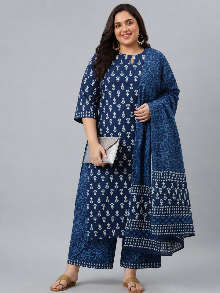 Plus Size Blue Floral Printed Cotton Straight Suit Set