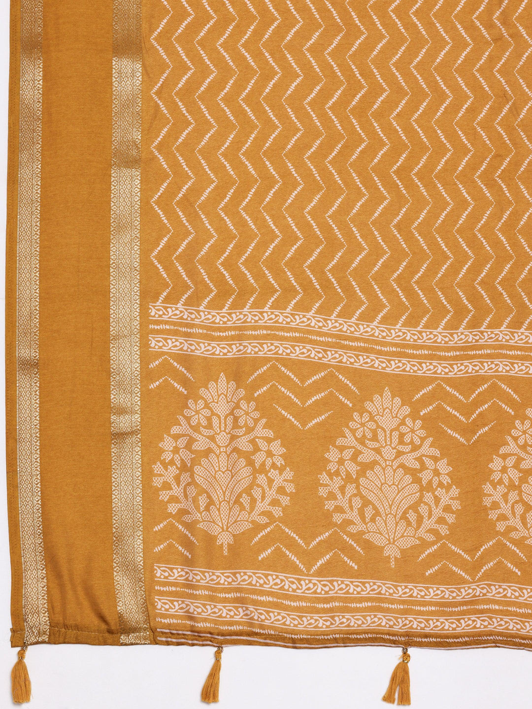 Mustard Printed Silk Blend Saree With Unstitched Blouse Piece - Libas