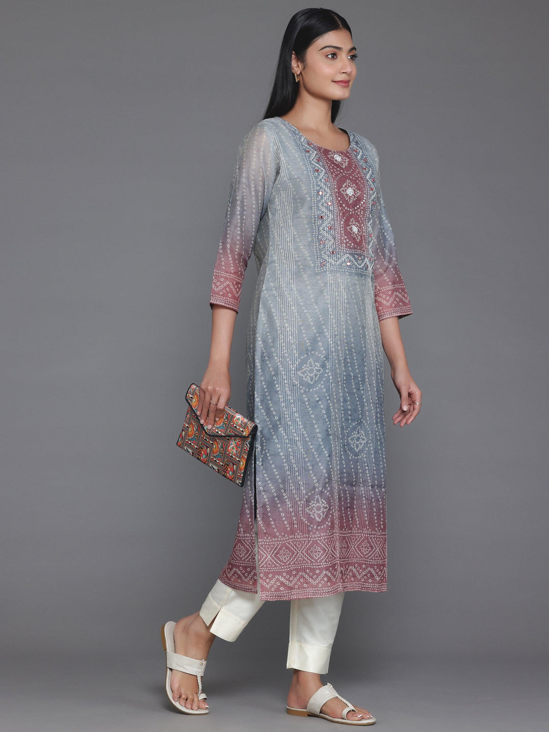 Grey Embellished Chanderi Silk Straight Kurta