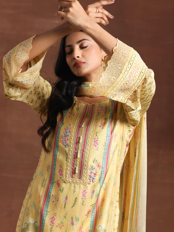 Yellow Printed Silk Blend Straight Suit With Dupatta