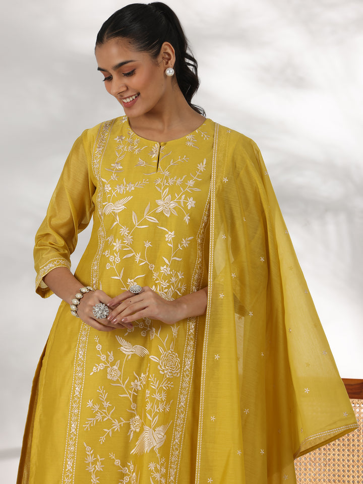 Mustard Embroidered Chanderi Silk Straight Suit With Dupatta