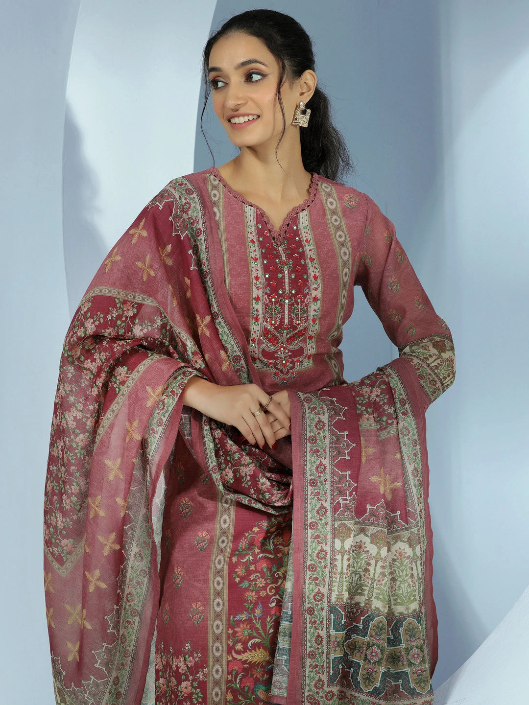 Mauve Printed Cotton Blend Straight Suit With Dupatta