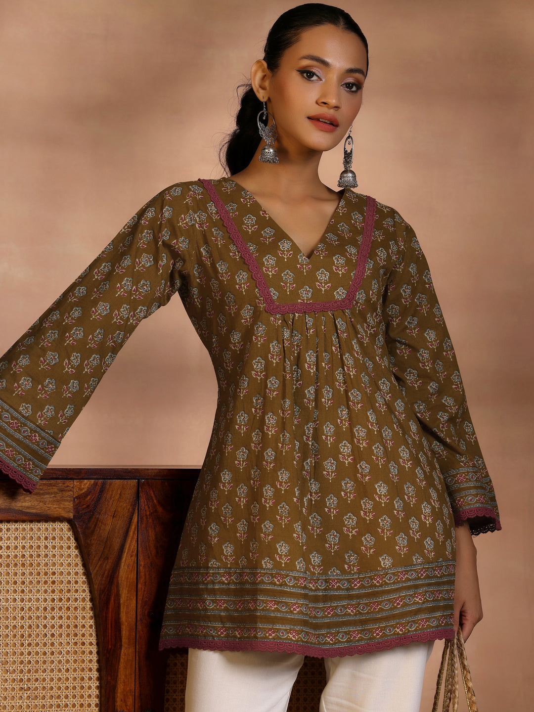 Libas Olive Printed Cotton A-Line Kurti