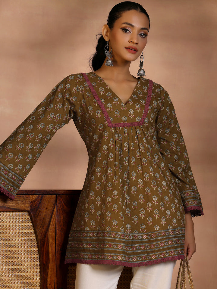 Libas Olive Printed Cotton A-Line Kurti