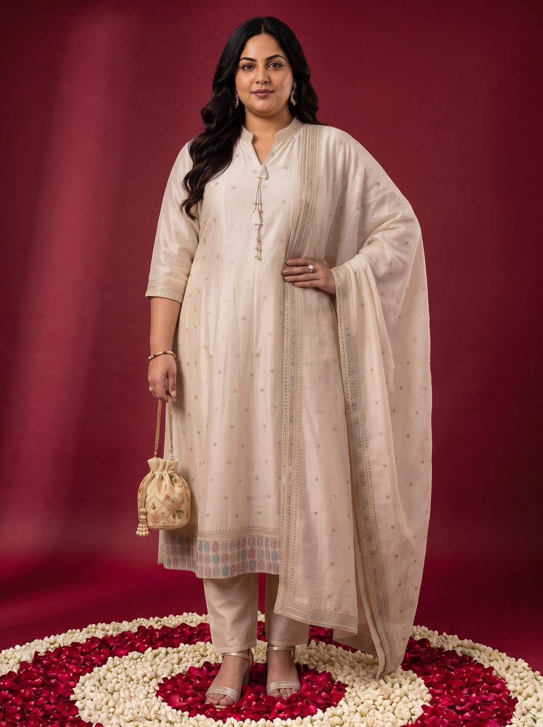 Plus Size Cream Ethnic Embroidered Silk Blend A-Line Suit Set