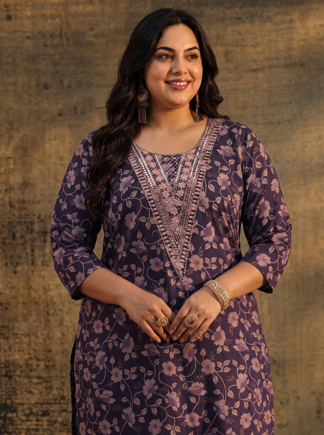 Plus Size Purple Floral Printed Cotton Straight Suit Set