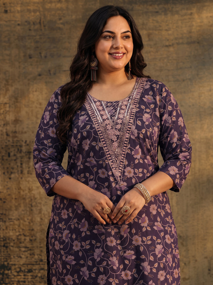 Plus Size Purple Floral Printed Cotton Straight Suit Set