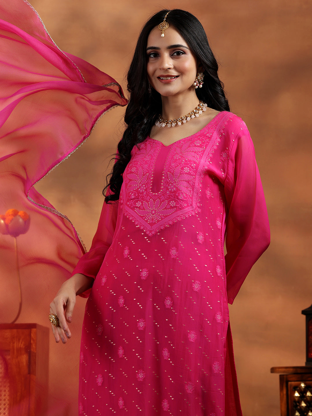 Pink Embroidered Organza Straight Suit With Dupatta