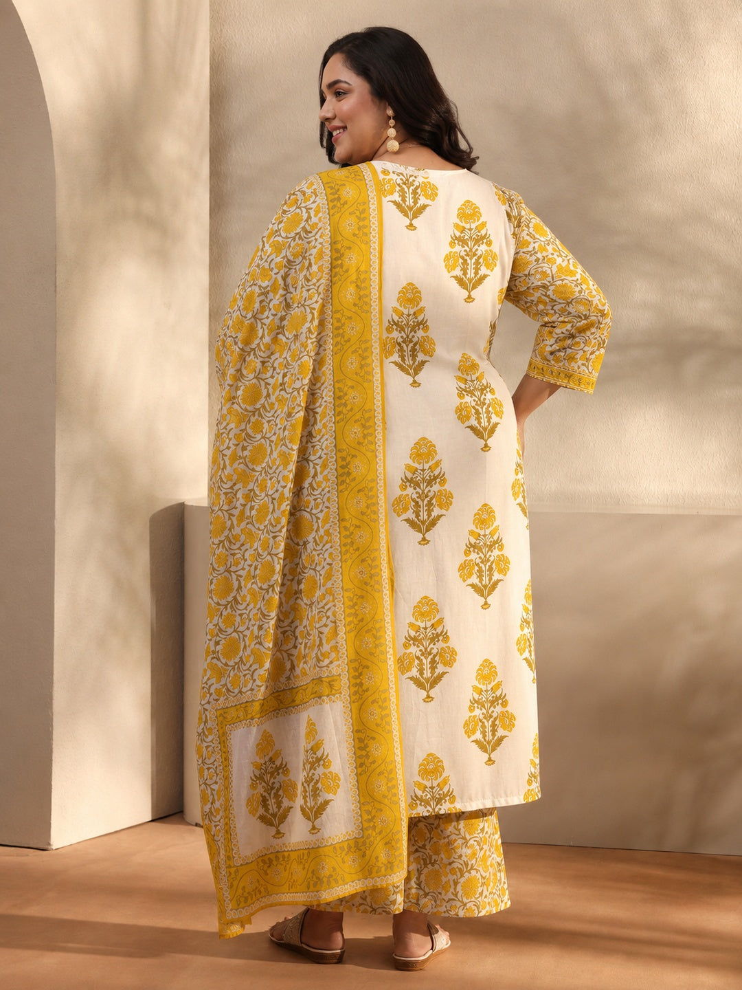 Plus Size Yellow Floral Printed Cotton Blend Anarkali Suit Set